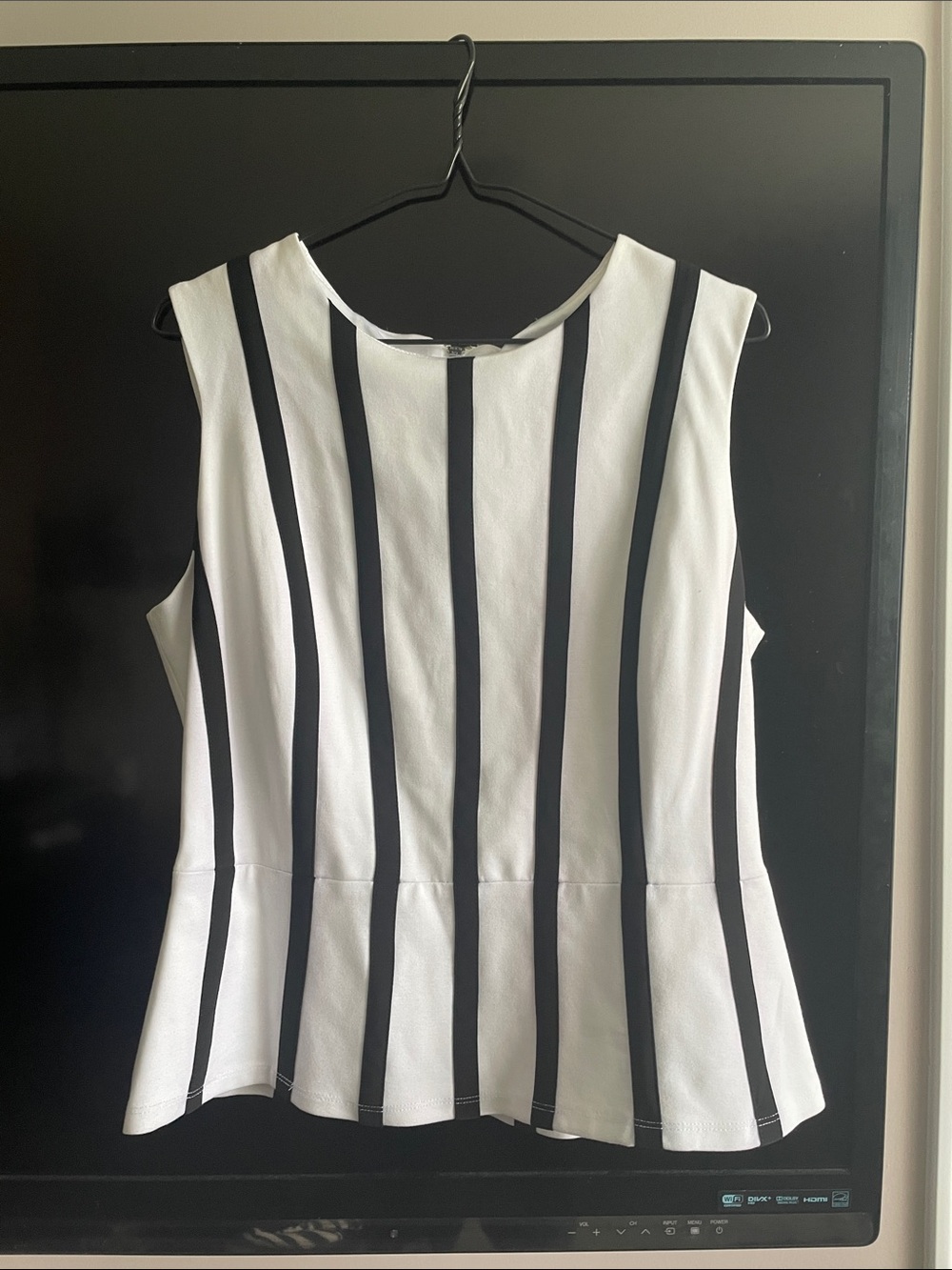Peter Nygard Black & White Vertical Stripe Sleeveless Peplum Top